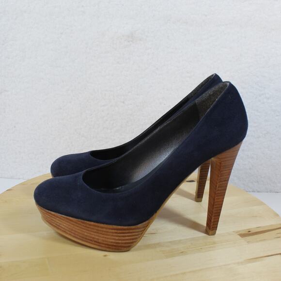 Stuart Weitzman Suede Pumps Womens Size 7 Blue Classic Heels Platform Wood - Picture 3 of 11